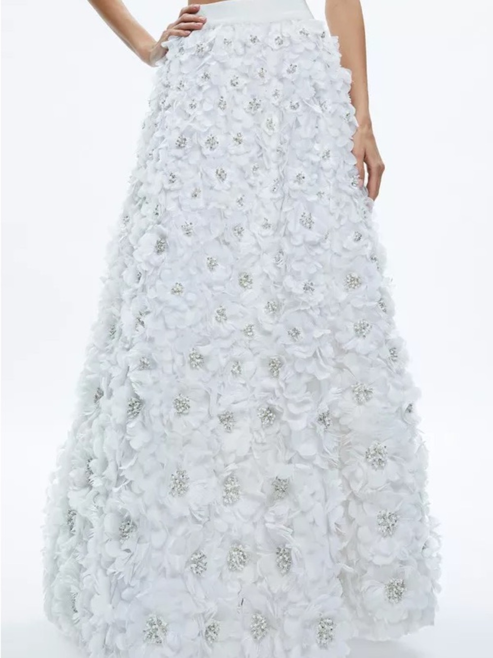 Alice + Olivia Earla High Waisted Floral Embellished Skirt White/Silver Crystal